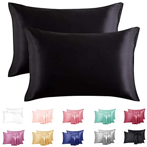 O'woda Funda de Almohada Satén 40 * 80 cm, 2 Unidades, Protege Cabello y Piel, Hipoalergénico, Antiarrugas sin Cremallera - Negro