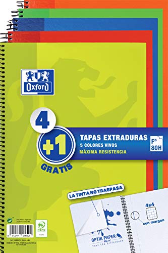 Oxford - Pack de 5 cuadernos (tapa extradura, 80 hojas, cuadrícula 4x4 con margen) Lima/Rojo/Naranja/Verde/Azul Marino