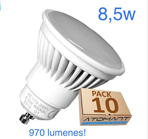 Pack 10x GU10 LED 8,5w Potentisima. Color Blanco Cálido (3000K). 970 Lumenes. Angulo de 120 grados. A++