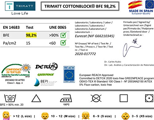Pack 5x Mascarilla Higiénica Reutilizable UNE 0065 Tela 100% Algodón - Niño 9-12 años M - BFE 98% - Lavable - Premium - Homologada en España - Cottonblock