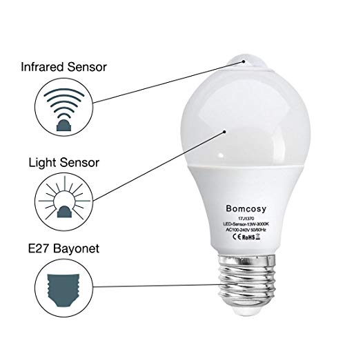 Pack de 2 bombillas LED 13 W, de la marca Bomcosy, con sensor PIR de movimiento, Warm White 3000k, e27, 13.00 wattsW 230.00 voltsV