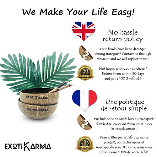 Pack de 2 tazones de coco reciclados + 2 cucharas exóticas de madera, cero desechos, vegano, para un desayuno sano, cereales, ensaladas, helados, smoothie bowls, buda bowls, acaï bowls