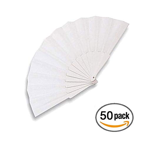 Pack de 50 Abanicos de Bodas PVC y Tela de Color Blanco Abanicos para Celebraciones Invitadas Baratos, Abanicos para Bodas en Verano