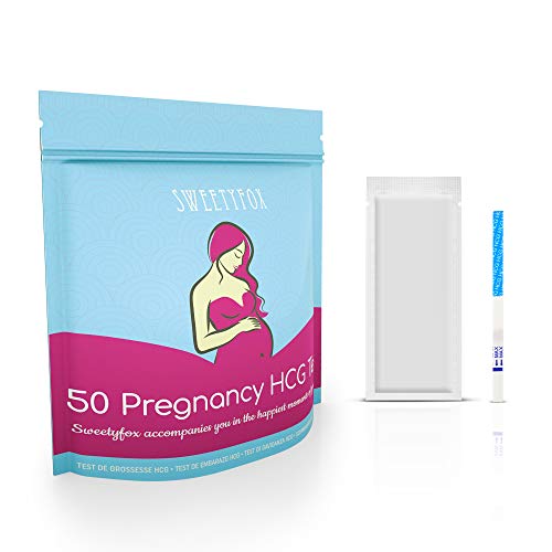 Pack de 50 Test de Embarazo HCG Sweety Fox - Test Embarazo deteccion Temprana con tiras reactivas orina de Embarazo - Resultados Rápidos y Fiables -25mlU/ml