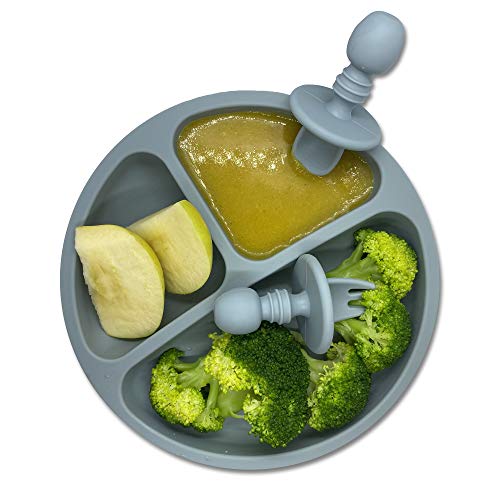 Pack de Bebe para Alimentación de Silicona Impermeable BLW/Plato Con Ventosa Antideslizante y Antivuelco para Recién Nacido/Babero Flexible Protege pechitos del bebe (azul)