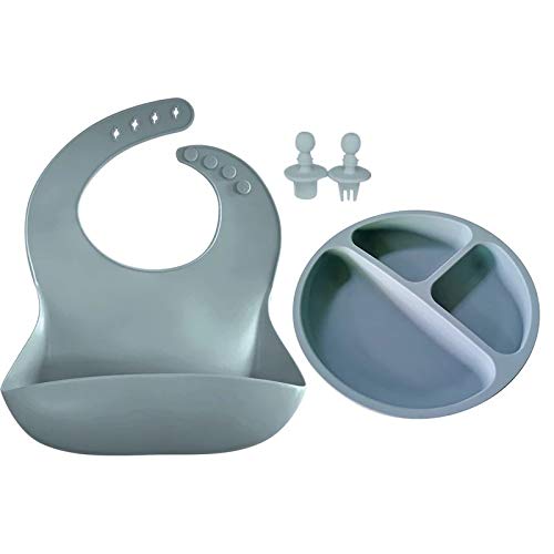 Pack de Bebe para Alimentación de Silicona Impermeable BLW/Plato Con Ventosa Antideslizante y Antivuelco para Recién Nacido/Babero Flexible Protege pechitos del bebe (azul)