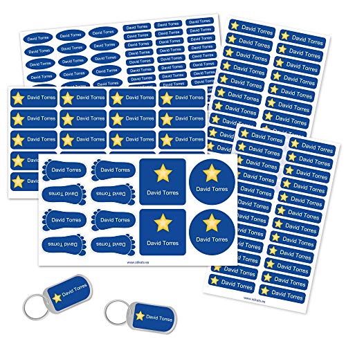 Pack de etiquetas para marcar la ropa, objetos, zapatos y mochilas de los niños. 142 etiquetas personalizadas perfectas para el cole o la guardería