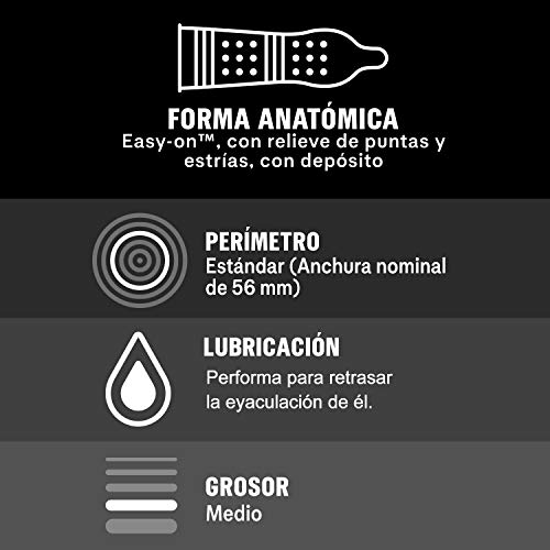 Pack Durex exclusivo con 12 condones estriados Durex Intense Orgasmic, 12 condones retardantes Durex Mutual Climax y 12 condones Placer Prolongado