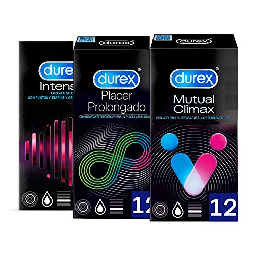 Pack Durex exclusivo con 12 condones estriados Durex Intense Orgasmic, 12 condones retardantes Durex Mutual Climax y 12 condones Placer Prolongado