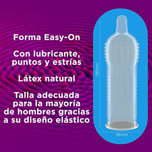 Pack Durex exclusivo con 12 condones estriados Durex Intense Orgasmic, 12 condones retardantes Durex Mutual Climax y 12 condones Placer Prolongado