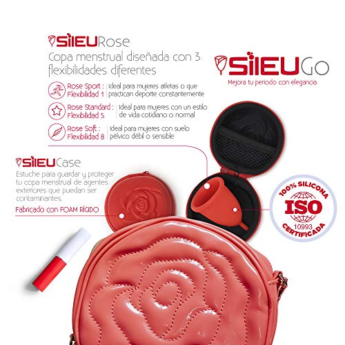 Pack Sileu Go: Copa menstrual Rose - Modelo de iniciación - Alternativa ecológica, natural a tampones y compresas - Talla L, Rojo, Flexibilidad Standard + Estuche de Flor Rojo