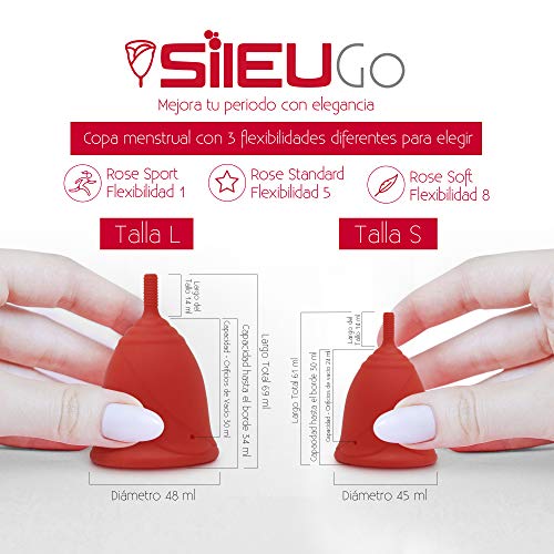 Pack Sileu Go: Copa menstrual Rose - Modelo de iniciación - Alternativa ecológica, natural a tampones y compresas - Talla L, Rojo, Flexibilidad Standard + Estuche de Flor Rojo