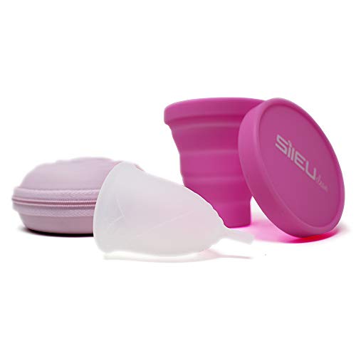 Pack Sileu Travel: Copa menstrual Rose - Modelo de iniciación - Talla L, Transparente, Flexibilidad Standard + Estuche de Flor Rosa + Esterilizador Plegable, Rosa