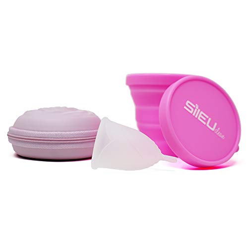 Pack Sileu Travel: Copa menstrual Rose - Modelo de iniciación - Talla L, Transparente, Flexibilidad Standard + Estuche de Flor Rosa + Esterilizador Plegable, Rosa