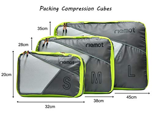 Packing Cubes de Compresión, Organizadores de Equipaje, 3 Set Organizador para Maletas, Bolsas para Ropa Zapato Sucia de Viaje, Accesorios para Viajes de Riemot Gris