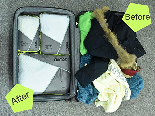 Packing Cubes de Compresión, Organizadores de Equipaje, 3 Set Organizador para Maletas, Bolsas para Ropa Zapato Sucia de Viaje, Accesorios para Viajes de Riemot Gris