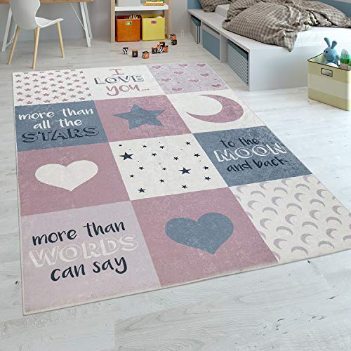 Paco Home Alfombra Habitación Infantil Niña Lavable Corazón Estrellas Luna Frase Rosa Gris, tamaño:80x150 cm