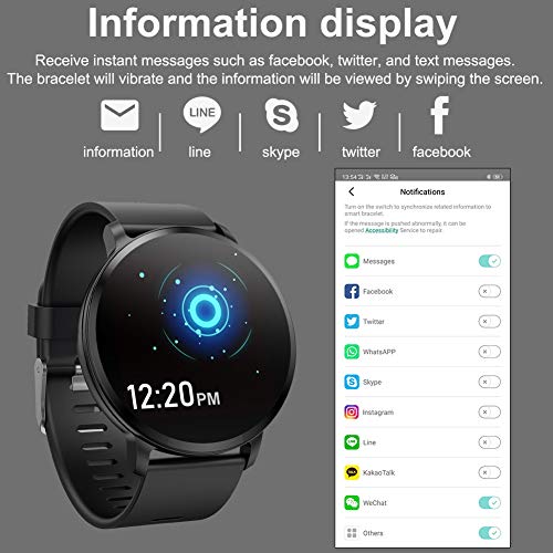 Padgene Pulsera Actividad Reloj Inteligente SmartWatch Deportivo IP67 Bluetooth con Pulsómetro Monitor de Sueño, Música, Cámara Remota, Notificación de Llamada Mensaje para Android e iOS (Negro)