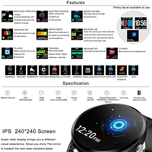 Padgene Pulsera Actividad Reloj Inteligente SmartWatch Deportivo IP67 Bluetooth con Pulsómetro Monitor de Sueño, Música, Cámara Remota, Notificación de Llamada Mensaje para Android e iOS (Negro)