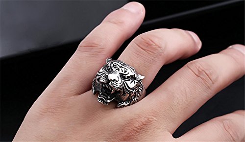 PAMTIER Hombres Acero Inoxidable Vendimia Gótico Biker Tigre Cabeza Ring Band Animal Diseño Negro Plata Tamaño 14