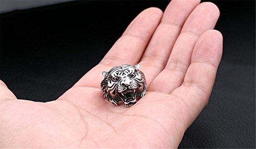 PAMTIER Hombres Acero Inoxidable Vendimia Gótico Biker Tigre Cabeza Ring Band Animal Diseño Negro Plata Tamaño 14