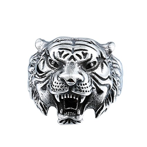 PAMTIER Hombres Acero Inoxidable Vendimia Gótico Biker Tigre Cabeza Ring Band Animal Diseño Negro Plata Tamaño 14