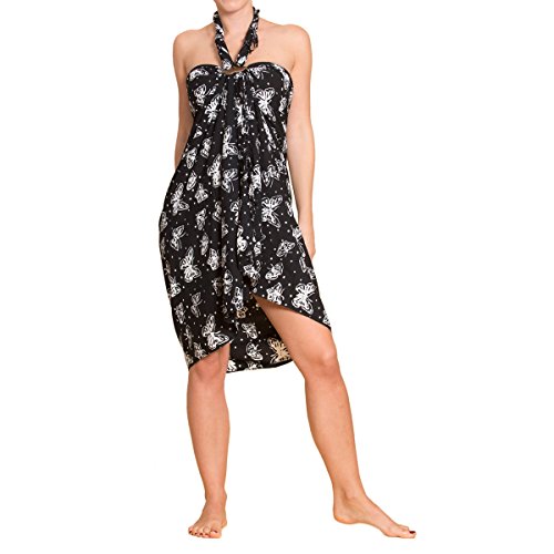 PANASIAM - Pareo, toalla de verano en colores vivos, hecha a mano con cera batik de viscosa de alta calidad. Negro B005 negro.