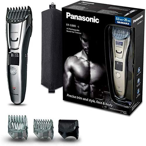 Panasonic ER-GB80-S503 - Cortapelos Impermeable con Peine-Guía 3 en 1 Barba, Cabello y Cuerpo (Recargable, Acero Inoxidable, Lavable, Batería Larga Duración, 39 Ajustes, 3 Peines Incluidos) Plata