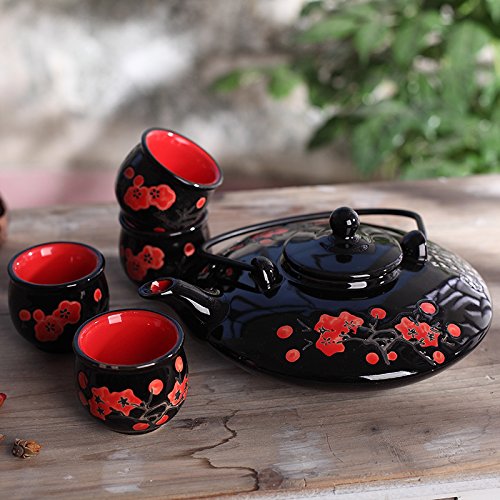 Panbado Juego de Teteras con 4 Tazas de Cerámica de Estilo Japonés Juegos de Café de Porcelana Tetera de Té Kungfu de Viaje Portátil, Regalo para Cumpleaños, Navidad, San Valentín - Negro