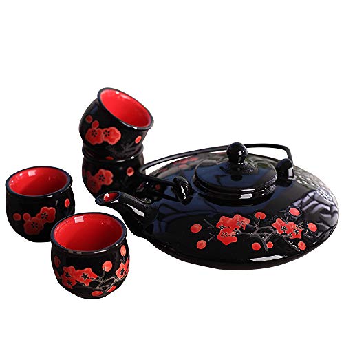 Panbado Juego de Teteras con 4 Tazas de Cerámica de Estilo Japonés Juegos de Café de Porcelana Tetera de Té Kungfu de Viaje Portátil, Regalo para Cumpleaños, Navidad, San Valentín - Negro