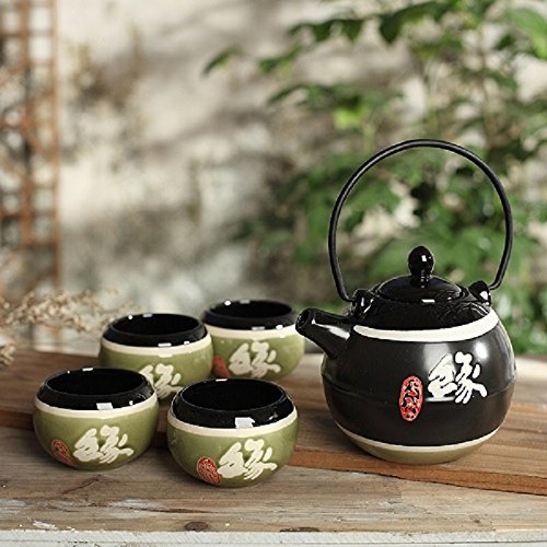 Panbado Tetera con 4 Tazas de Cerámica de Estilo Japonés Juegos de Café de Porcelana de 5 Piezas Tetera de Té Kungfu de Viaje Portátil, Regalo para Cumpleaños, Navidad, San Valentín - Negro