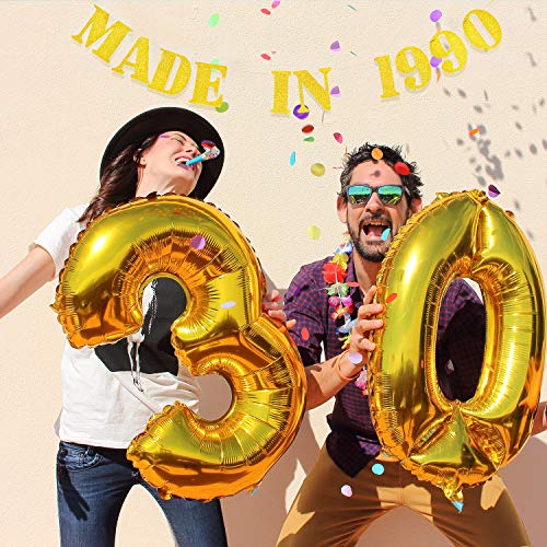 Pancarta Made in 1990, Pancarta Divertida de Cumpleaños 30 Banner de Aniversario, Banner de Papel de Brillo para Suministros Decoraciones de Fiesta de Cumpleaños 30 de Mujeres/ Hombres (Oro)