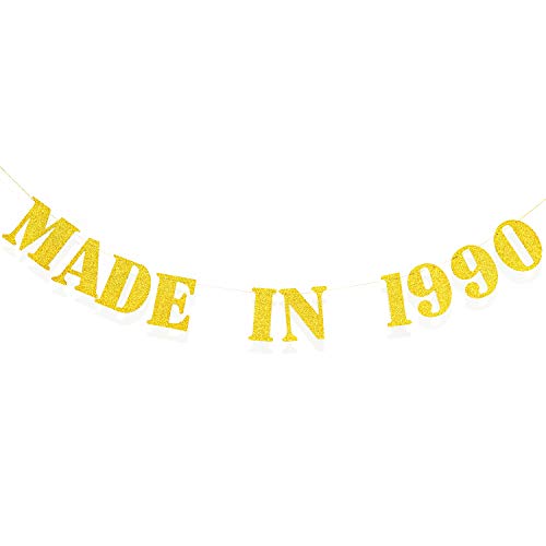 Pancarta Made in 1990, Pancarta Divertida de Cumpleaños 30 Banner de Aniversario, Banner de Papel de Brillo para Suministros Decoraciones de Fiesta de Cumpleaños 30 de Mujeres/ Hombres (Oro)