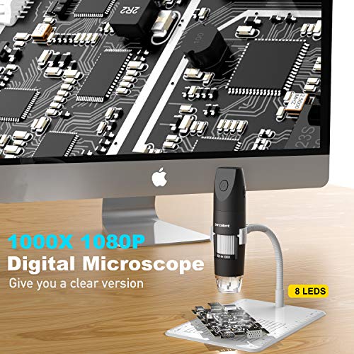 Pancellent Microscopio Digital Inalámbrico, Microscopio De Aumento USB 1080P 50X a 1000X con 8 LED, Colección De Diapositivas De 12 Paquetes