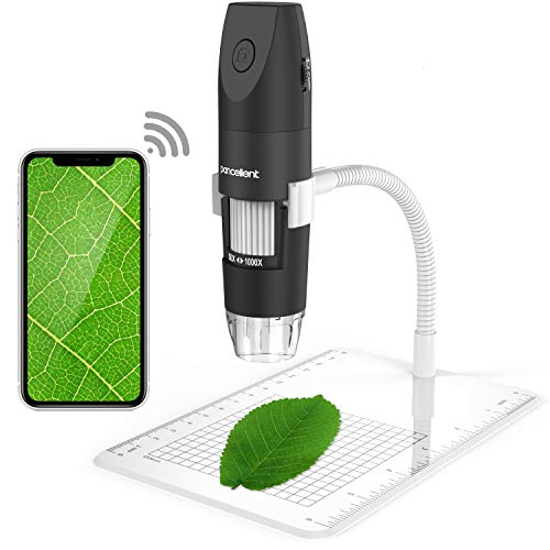 Pancellent Microscopio Digital Inalámbrico, Microscopio De Aumento USB 1080P 50X a 1000X con 8 LED, Colección De Diapositivas De 12 Paquetes