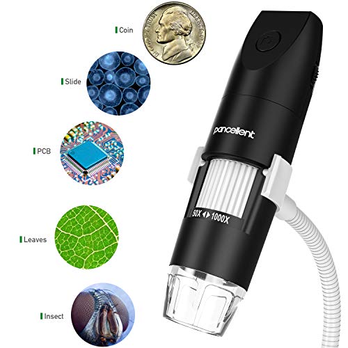 Pancellent Microscopio Digital Inalámbrico, Microscopio De Aumento USB 1080P 50X a 1000X con 8 LED, Colección De Diapositivas De 12 Paquetes