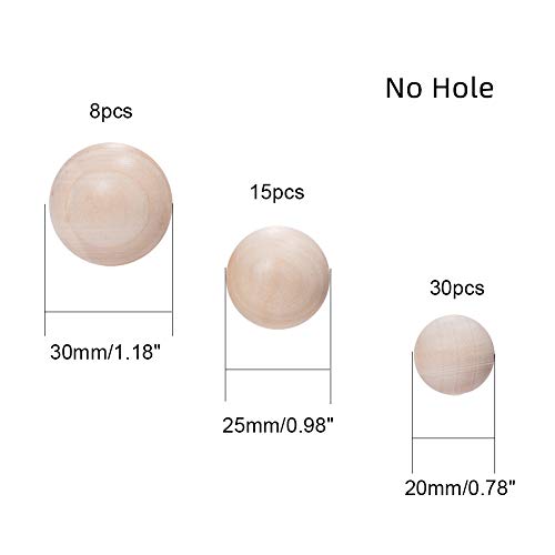 PandaHall Elite - 53 Bolas de Madera de 3 tamaños, 20 mm, 25 mm, 30 mm, Redondas, de Madera Natural, para Manualidades, proyectos de Bricolaje