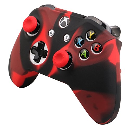 Pandaren® cubierta de silicona Fundas protectores antideslizante Solamente para Xbox One S, Xbox One X Mando x 1 (negro rojo) + Thumb grips x 2