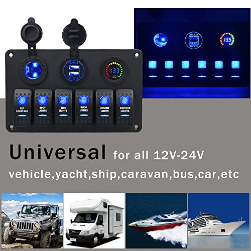Panel de Dual Toma USB + 12V Voltímetro Digital LED +Encendedor de Cigarrillos +6 Interruptor para Coche Barco Marino Carvan Vehículos