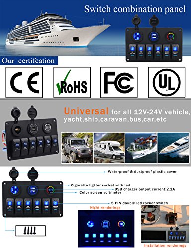 Panel de Dual Toma USB + 12V Voltímetro Digital LED +Encendedor de Cigarrillos +6 Interruptor para Coche Barco Marino Carvan Vehículos