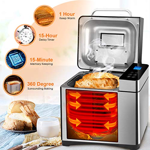 Panificadora automática de 710 W, con caja de ingredientes automática, 19 programas, acero inoxidable, para 500 – 1000 g, con función de temporizador de 15 horas, ventana de visión, color plateado