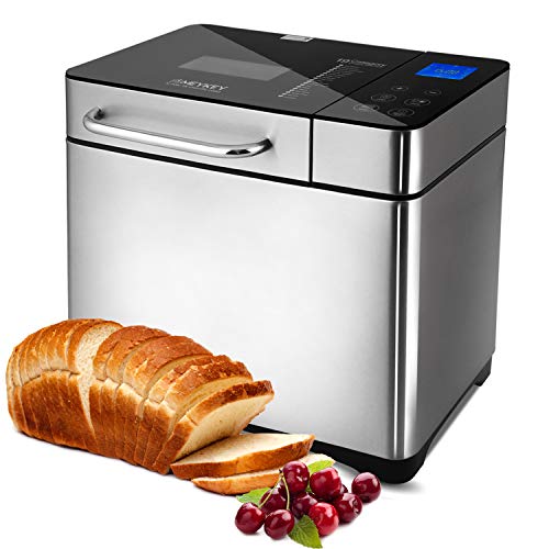 Panificadora automática de 710 W, con caja de ingredientes automática, 19 programas, acero inoxidable, para 500 – 1000 g, con función de temporizador de 15 horas, ventana de visión, color plateado