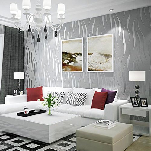 Papel tapiz 3D 10M Wave Rollos de papel tapiz de lujo flocado para el hogar Dormitorio Sala de estar Papel tapiz Decoración de paredes Papel pintado minimalista no tejido - Plata y gris