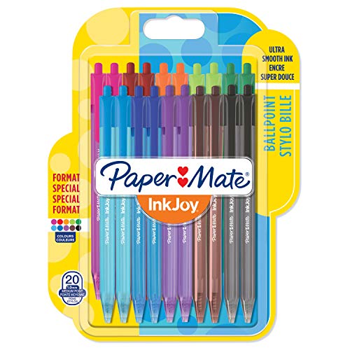 Paper Mate InkJoy 100RT, bolígrafo retráctil, punta media de 1 mm, Pack de 20, colores surtidos