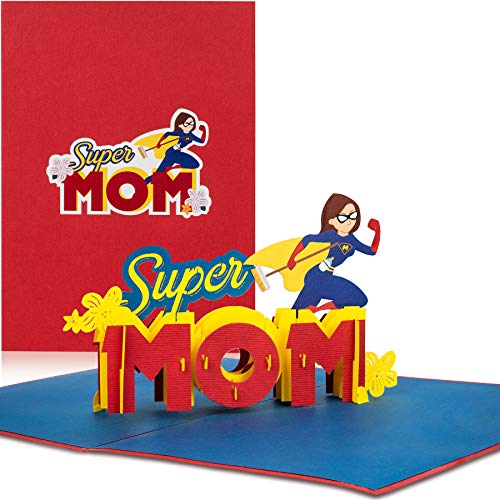 PaperCrush® Tarjeta Pop-Up Día de la Madre"Super Mom" – Divertida tarjeta 3D para la mejor mamá del mundo – Tarjeta de cumpleaños hecha a mano para madre, incluye sobre