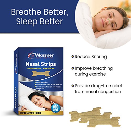 Paquete de 100 tiras nasales grande de Massner para un alivio rápido del ronquido. Detiene instantáneamente los ronquidos para dormir mejor