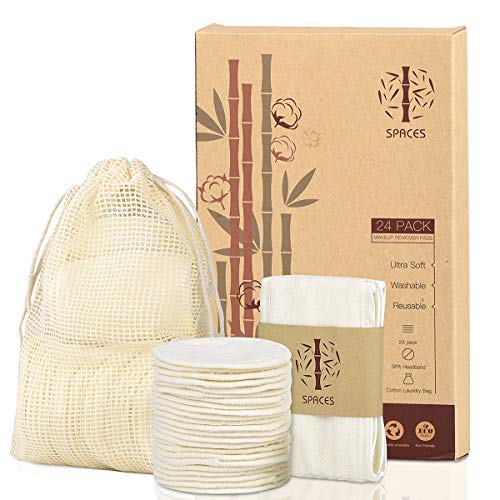 Paquete de 24 almohadillas orgánicas reutilizables, lavables, ecológicas, de algodón de bambú natural, redondas, para todo tipo de piel, con diadema de spa y bolsa de lavandería de algodón