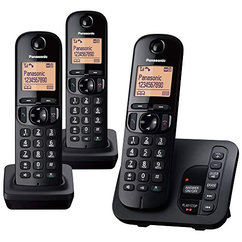 Paquete de 3 teléfonos inalámbricos Panasonic KX TGC223EB digitales con pantalla LCD, color negro