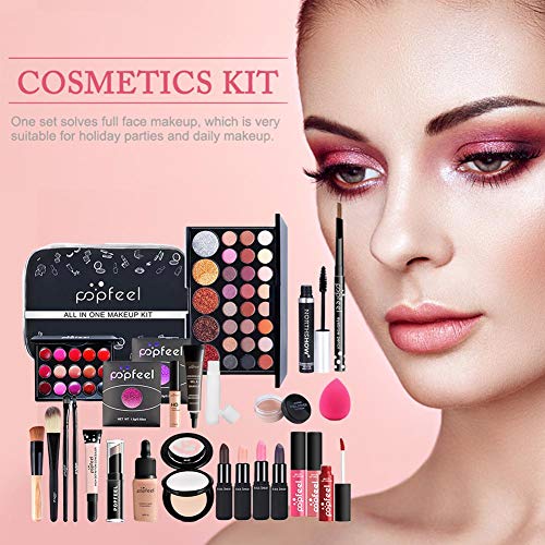 Paquete de maquillaje todo en uno, kit de cosméticos de 30 piezas que incluye un juego de brochas de maquillaje profesional, una paleta de sombras de ojos, un juego de maquillaje o un juego de brillo
