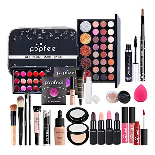 Paquete de maquillaje todo en uno, kit de cosméticos de 30 piezas que incluye un juego de brochas de maquillaje profesional, una paleta de sombras de ojos, un juego de maquillaje o un juego de brillo